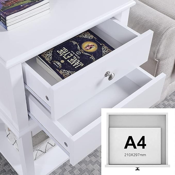 conifferism White Nightstand 2 Drawers and Storage Shelf, 28 Inch High Bedroom Night Stand, Contemporary Modern Bed Side Table, Living Room Country Cottage 19 Inch Wide End Table Metal Sliders - Image 9