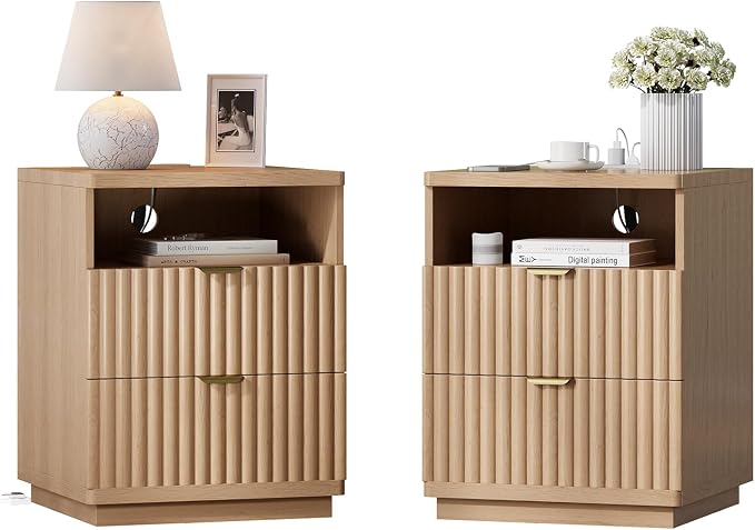Nightstand with Charging Station, Night Stand with Open Shelf and 2 Drawers for Bedroom, Side Table Bedside Table with USB Ports & Outlets, Small Nightstand End Table (Oak Natural) - Image 9