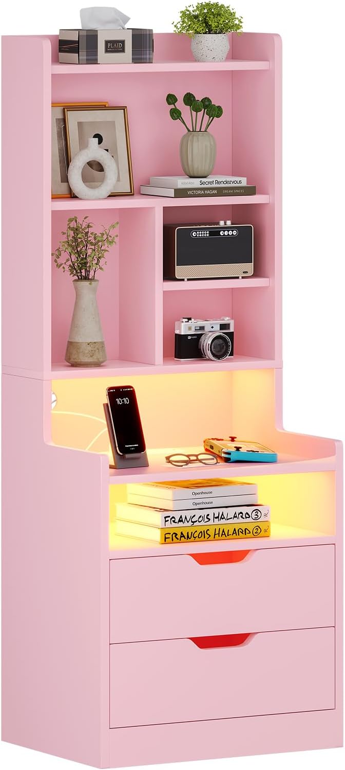 ADORNEVE Tall Night Stand with Charging Station and LED Lights,Nightstand with Bookshelf,Bedside Table with Drawers & Power Outlets,End Side Table for Bedrooms,Pink - Image 8
