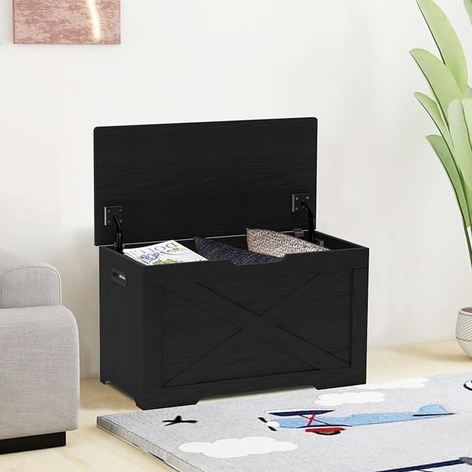 Timberer Storage Chest, Wooden Storage Bench, Entryway Shoes Bench with 2 Safety Hinges, for Living Room, Bedroom, 15.7 x 31.5 x 18.9 Inches, Black - Image 7