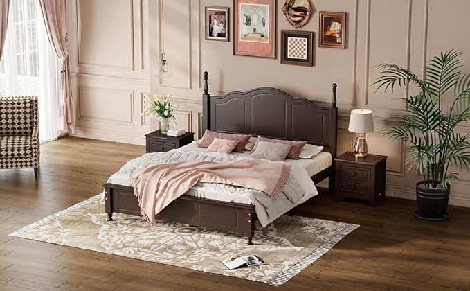 Harper & Bright Designs 3-Piece Queen Bedroom Set, Retro Style Wooden Bedroom Furniture Set with Queen Size Bed Frame and Two Nightstands for Kids Teens Adults Bedroom, Dark Walnut