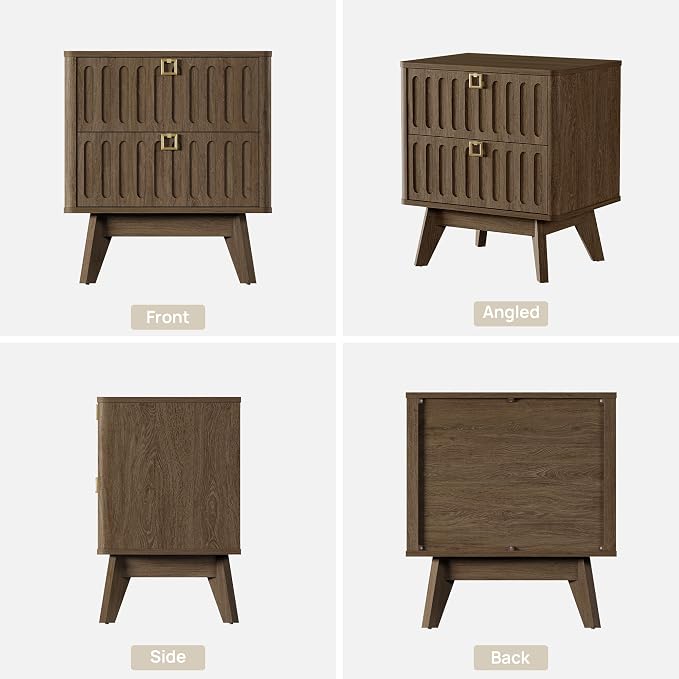 SICOTAS Modern Fluted Nightstand with 2 Drawers, 21" Wide Wood Bedside Table with Gold Handle, Mid-Century End Table for Bedroom, Apartment - Image 9
