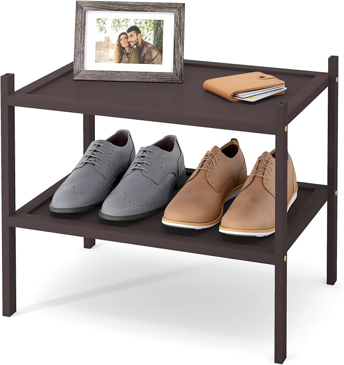 Smiry Bamboo Small Shoe Rack, 2 Tier Shoe Organizer for Entryway & Closet, Stackable Free Standing Storage Shelf for Shoes, Bags & Plants, Brown by Smiry