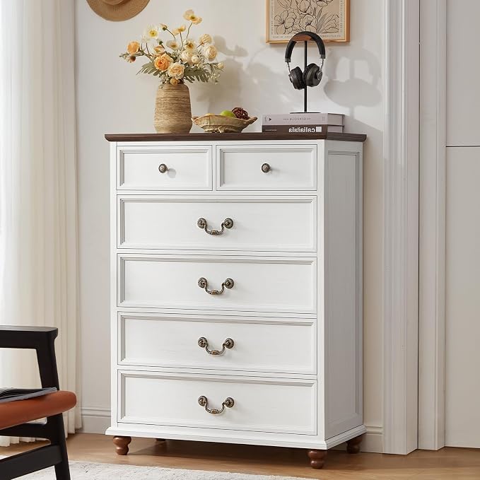 Joaxswe Farmhouse 6 Drawer Dresser Set of 2 for Bedroom, 42" Tall Rustic Chests of Drawers w/ 4 Solid Wood Feet, Mid Century Vintage Wooden Closet Storage Dressers Organizer for Living Room,White - Image 9