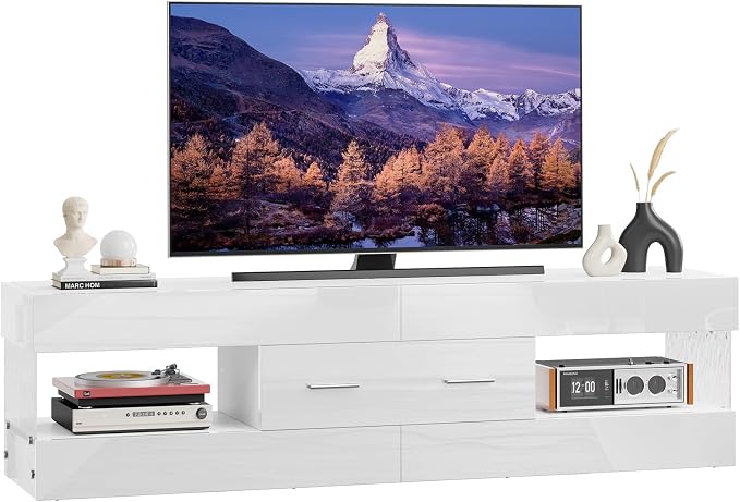 Bestier TV Stand for 55/60/65 Inch TV, High Gloss Modern TV Stand with Stone-Patterned Side Panels, LED Entertainment Center with Large Drawer, TV Consoles for Living Room, Bedroom (Glossy White) - Image 7