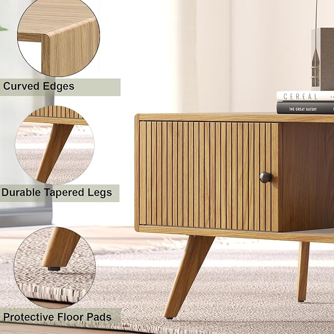 Manora Mid Century Modern Coffee Table with Storage Cabinet and Open Shelf, Wooden Living Room Table with Fluted Drawer and Solid Wood Legs, Oak Finish Center Table for Small Spaces