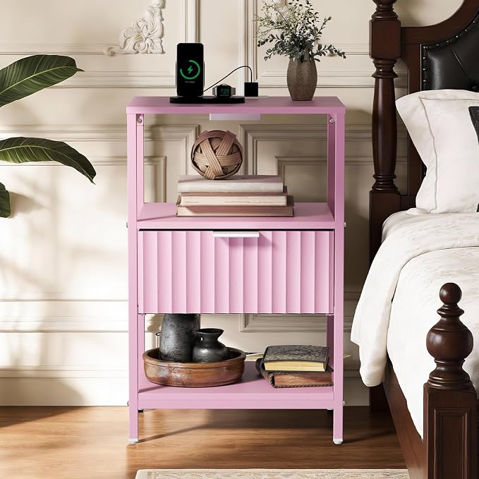 Bonnlo Fluted Nightstand Set of 2, End Table with Fabric Drawer with Charging Station, Night Stand with Storage Shelf & Handle, Fluted Side Table for Bedroom/Living Room,Pink - Image 9