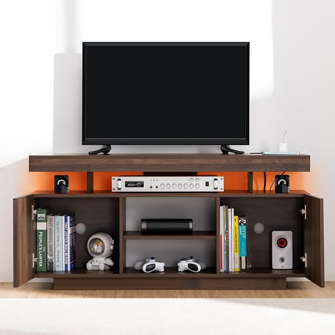 HOMMPA LED TV Stand for 55/50/43/40/32 inch TV - Modern Entertainment Center with Power Outlets, Gaming Console Cabinet with Storage Media Table and LED Lights for Living Room - Walnut - Image 9