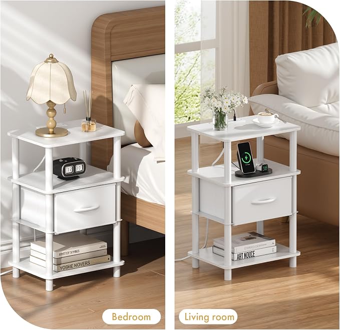 Bedroom Nightstand with Charging Station, Bedside Table with Adjustable Fabric Drawer, 3-Tier Night Table, 2-Min Installation Without Tools, Bedroom Side Table, White - Image 8