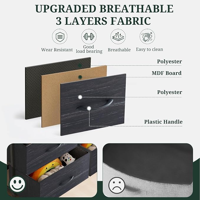 9-Drawer Dresser for Bedroom, Anti-Tip Tall Storage Organizer Chest of Drawers with Wooden Top and Metal Frame Fabric Bins for Closet, Living Room, Hallway, Entryway, Charcoal Black - Image 7