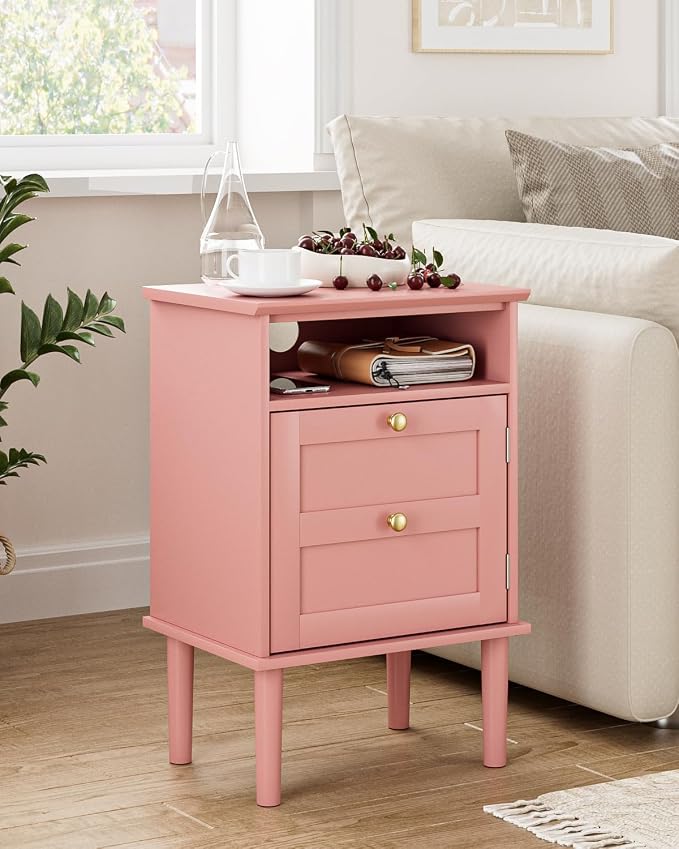 Nightstand, Boho Night Stand with 1 Drawers, Modern Side Accent Table with Open Shelf, Wooden Top Bedside End Table for Bedroom, Living Room, Pink - Image 9