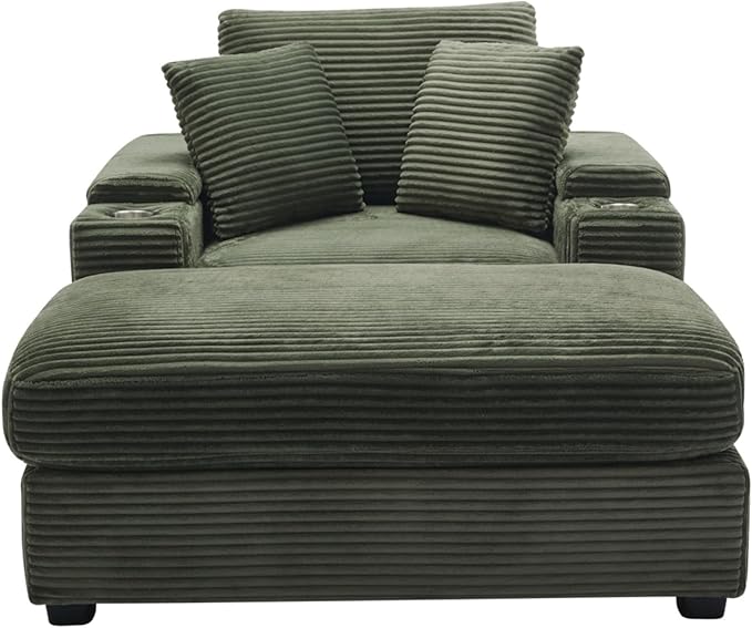 KEIKI Oversized Accent Chair with Ottoman, Chaise Lounge Chair Indoor with Handrail Storage, Cupholders, Oversized Sofa Bed, Deep Seat Sleeper Couch Reading Chairs for Living Room, Dark Green