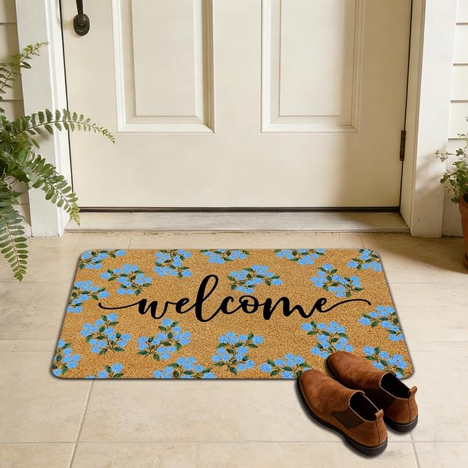 Blue Hydrangea Floral Welcome Mat, Cottagecore Blue Flower Faux Coir Door Mat Doormat for Front Door Indoor Outdoor Porch Entrance Entryway Outside Inside, 17x30 Inches - Image 7