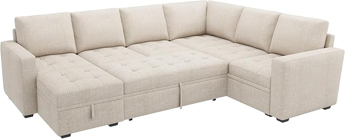 HONBAY Modular Sectional Couch with Pull Out Bed Sleeper Sofa with Storage U Shaped Modular Sectional Couches for Living Room,Mid Beige