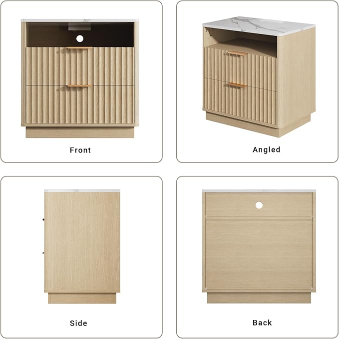 Fluted Nightstand, Night Stand Set 2, 23" Wide Nightstands Set of 2 with Charging Station & Faux Marble Top, 2 Drawer Large End Table w/Storage, Modern Bedside Table for Bedroom,Natural Oak - Image 8