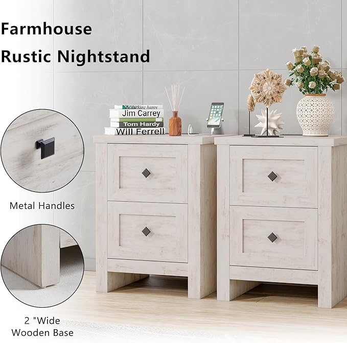 LUXOAK 3 Pieces Bedroom Sets, Includes Queen Size Lift Up Storage Platform Bed Frame, 2 Drawers Farmhouse Nightstand Set of 2 with Charging Station, No Box Spring Needed, White Oak