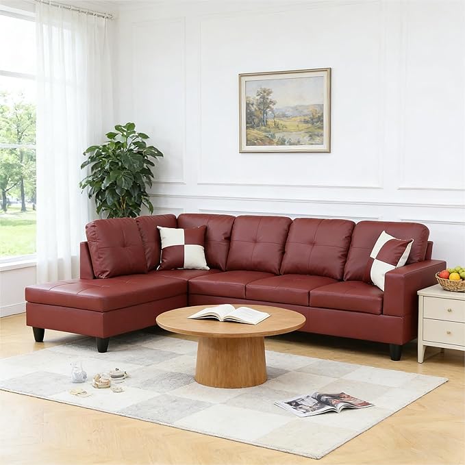 103.5 Inch Modern L-Shaped Couch, Faux Leather Sectional Sofa with Chaise Lounge, 4-Seater Couch with Accent Pillows for Living Room, Apartment, Dark Red