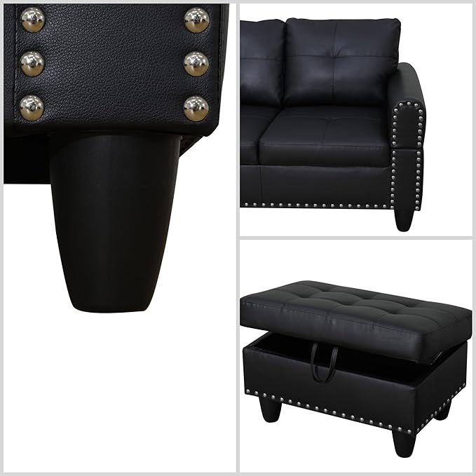 FONTOI L Shaped Sectional Couches for Living Room, Modular 4 Seat Sofa with Ottoman Storage, Modern Couch with Chaise for Bedroom Apartment Furniture, Black