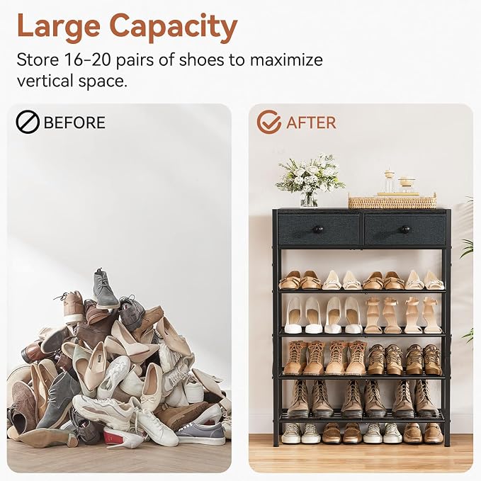 Shoe Rack for Entryway, 5 Tier Shoe Organizer with 2 Non-Woven Drawers, Metal Storage Shoe Shelf for 16-20 Pairs of Shoes, with Wooden Top and Steel Frame, Shoe Stand for Closet Black Grey - Image 9