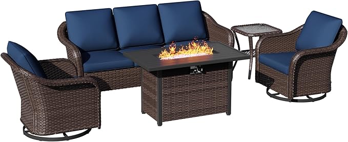 5 Piece Patio Wicker Conversation Set, All-Weather Use Outdoor Wicker Sofa with 2 PE Rattan Ottomans,2 Swivel Chair, 1 Side Table, Ideal for Porch, Backyard, Balcony, Poolside, Blue