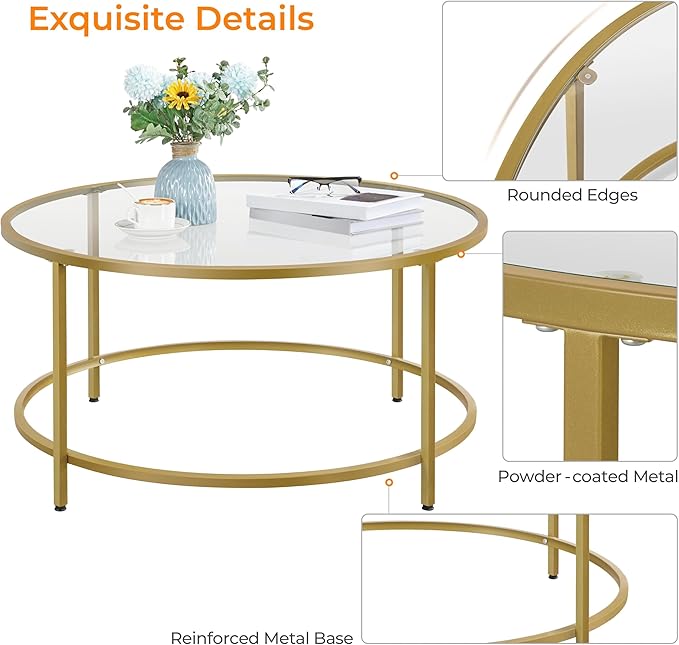 Yaheetech Gold Glass Coffee Table for Living Room, 36" Round Glass Coffee Table with Metal Frame, Circle Coffee Table for Home, Office, Apartment