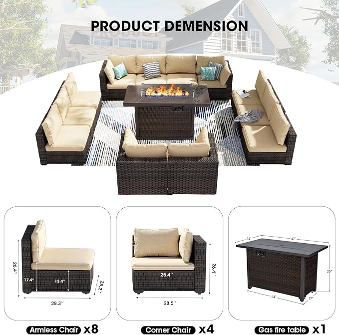 13 Piece Patio Furniture Set with Fire Pit Table All Weather PE Rattan Outdoor Sectional Sofa Couch with No-Slip Cushions for Garden, Poolside, Backyard (Beige)