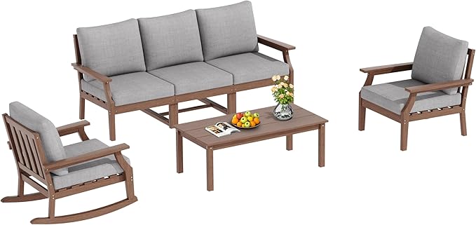 HDPE Patio Conversation Set, 6-Piece All Weather Outdoor Furniture Set with 1 Single Rocking Armchairs for Deck, Lawn, with Cushion, Brown