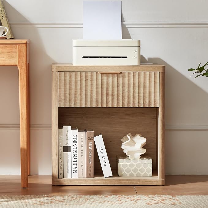 LEYAOYAO Fluted Nightstand with Charging Station, 23" Wide 1 Drawers Night Stand,Natural End Table with Open Storage,Farmhouse Bed Side Tables, Wood Dresser for Bedroom, Living Room, Closet - Image 9