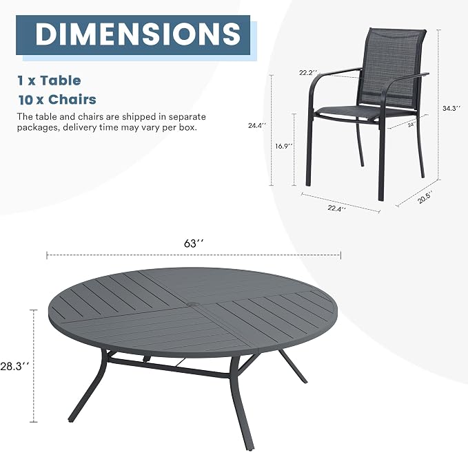 DIFY 11 Pieces Outdoor Patio Dining Set for 10, 63" Round Metal Patio Table and 10 Stackable Textilene Patio Chairs, Outdoor Table and Chairs for Backyard Garden Poolside, Grey - Image 8