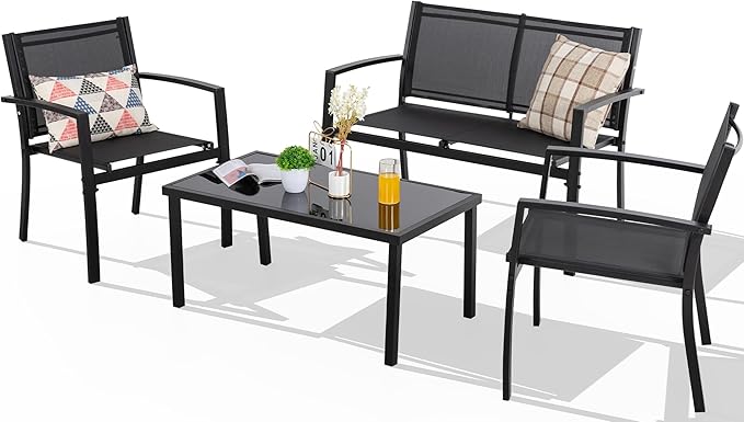 Shintenchi 4 Pieces Patio Furniture Set All Weather Textile Fabric Outdoor Conversation Set, with Glass Coffee Table, Loveseat, 2 Single Chairs for Home, Garden, Lawn, Porch(Black)