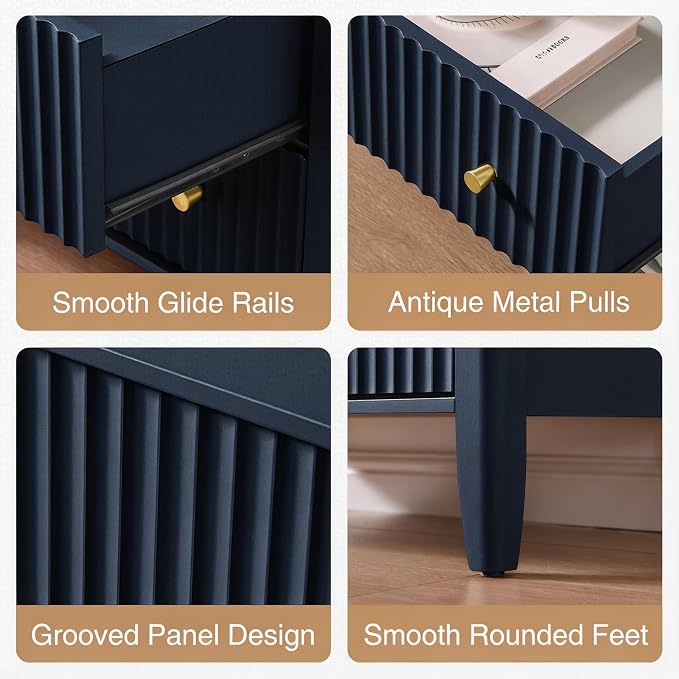Fluted Nightstand with Charging Station Set of 2, 27.3" Tall Modern Bedside Table with 2 Drawers & Open Shelf, Large Wide Wood End Table with Storage & Metal Handle for Bedroom, Blue - Image 6