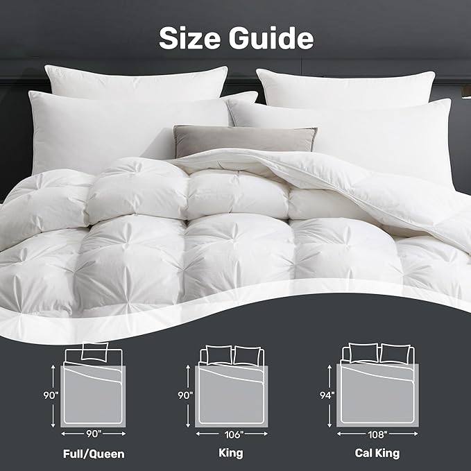 UNIKOME King Size Goose Feather Down Fiber Comforter - Pinch Pleat Duvet Insert All Season with 100% Cotton Cover, Warm Bed Comforter with 20% Extra Fill, Cloud-Like Fluffiness (106"X90", White)