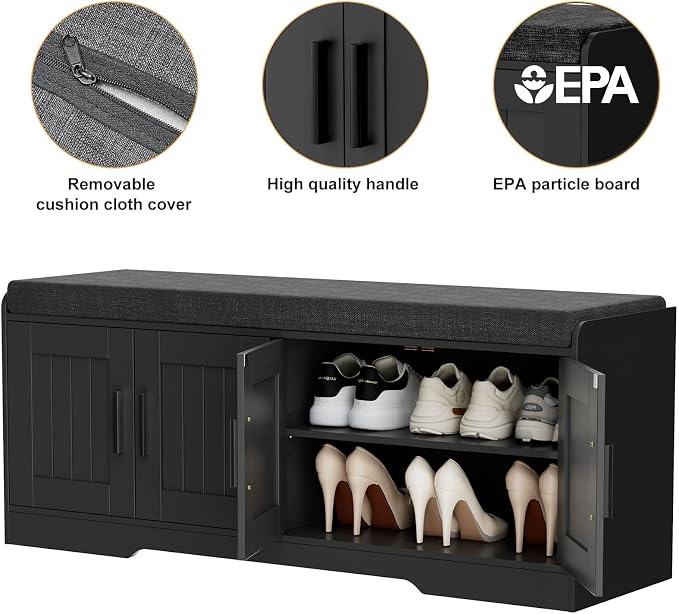 Homleke 2-Tier Storage Bench, Shoe Bench with Thickened Padded Seat Cushion, Entryway Bench with 4 Doors, Adjustable Shelf, 13.8" D x 45.3" W x 18.5" H, for Entryway, Living Room, Bedroom, Black - Image 9