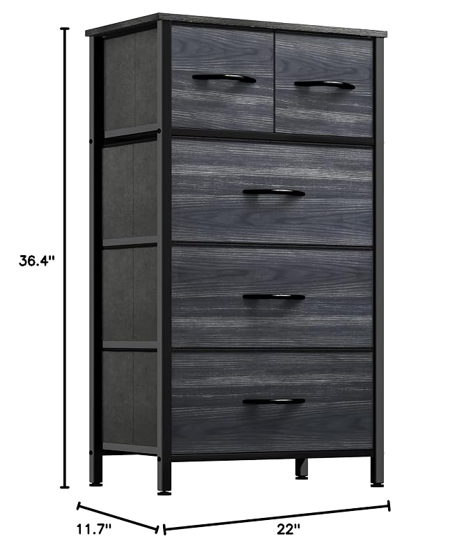 DWVO Storage Tower with 5 Drawers - Fabric Dresser, Organizer Unit for Living Room, Closets - Sturdy Steel Frame, Easy Pull Fabric Bins & Wooden Top - Image 2