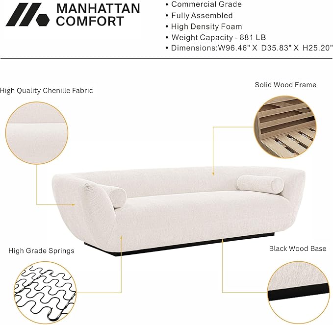 Manhattan Comfort Ulka 96-Inch Contemporary Boucle Sofa for Living Room with Premium Pine Wood Frame, Metal Base, High-Density Foam Padding & 2 Bolster Pillows, Cream