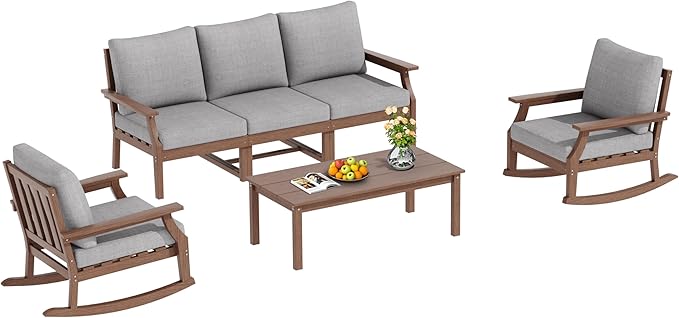 HDPE Patio Conversation Set, 6-Piece All Weather Outdoor Furniture Set with 2 Single Rocking Armchairs for Deck, Lawn, with Cushion, Brown