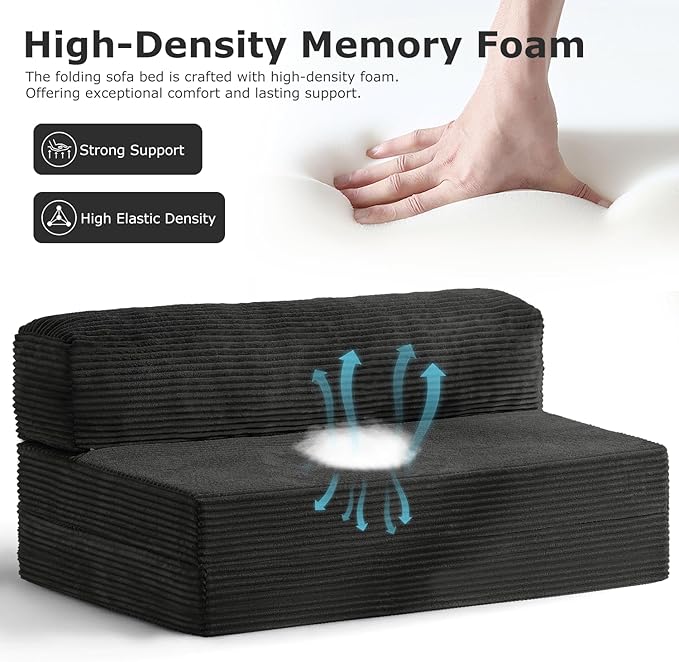 Folding Futon Sofa Bed Full Size, 6 inch Convertible Floor Couch Bed with Removable Corduroy Cover, Pull Out Couch for Small Spaces High-Density Foam,Black