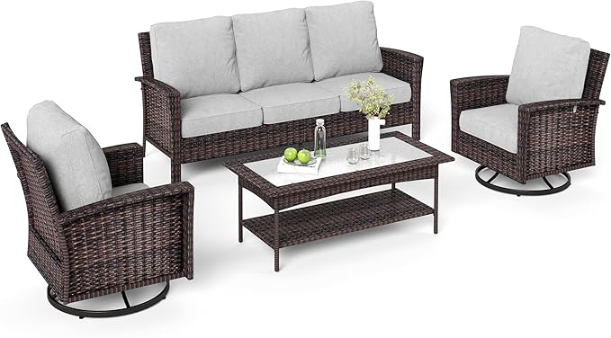 4-Piece Wicker Patio Furniture Set with Swivel Chairs, High Back Outdoor Sofa with 5.5-inch Thick Cushion, All-Weather Wicker Patio Conversation Set for Deck Yard Pool, Grey