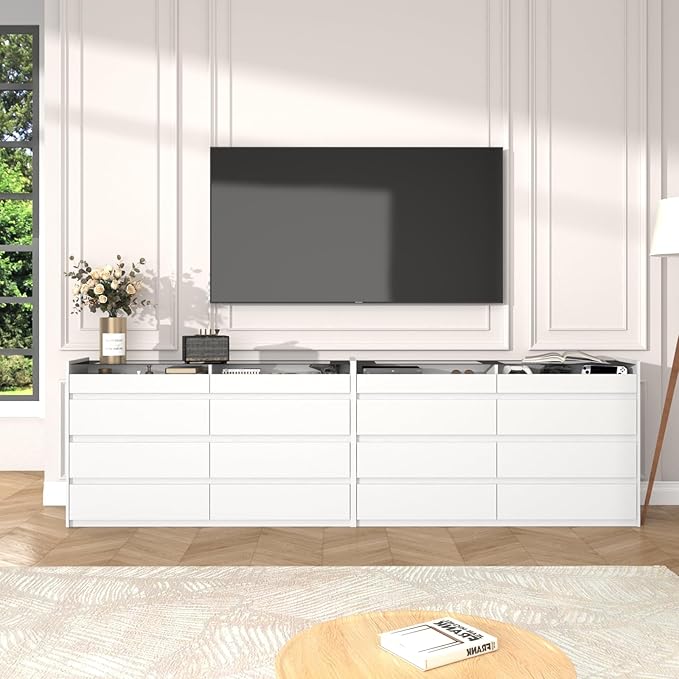 LIVAUVEAD White 8 Drawer Dresser for Bedroom with LED Light, Modern Dresser Chest of Drawers with Hidden Handles and Glass Top, Dressers Organizer for Bedroom, Closet, Living Room