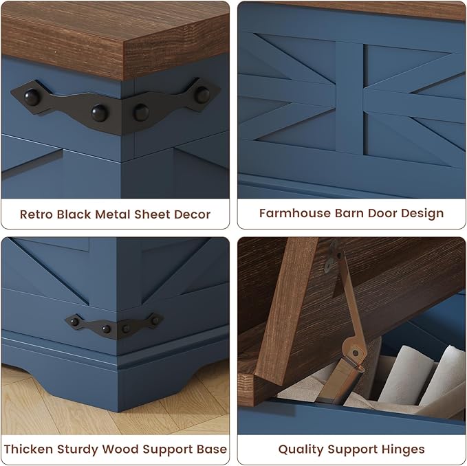 Blue Coffee Table with Storage, Farmhouse Square Center Table with Walnut Top for Living Room, Hinged Lift Soft Close, Large Hidden Storage, Modern Metal Corner, Blue Wood