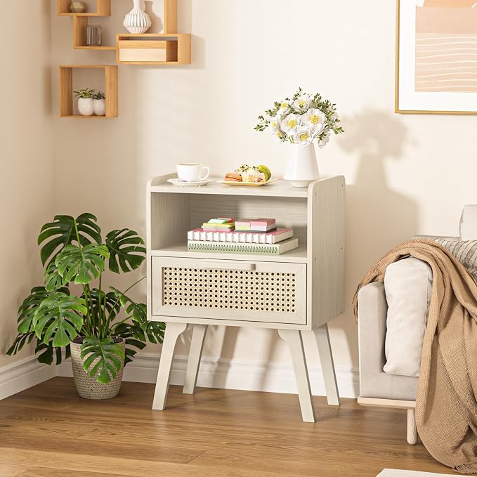 Lerliuo Rattan Nightstand, Side Table with Drawer Open Shelf, Cane Accent Bedside End Table with Solid Wood Legs, Mid Century Modern Night Stand for Bedroom, Dorm and Small Spaces (Grey White) - Image 9