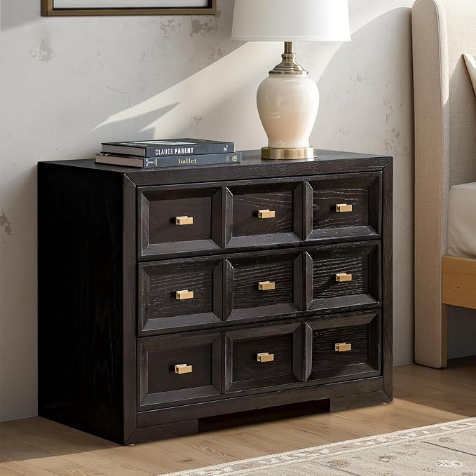 HULALA HOME Solid Wood Nightstand with Soft Fabric-Lined Top Drawer, 3 Drawer and Metal Knobs Bedside Tables, Contemporary Geometric Night Stand with Charging Station, Black - Image 8