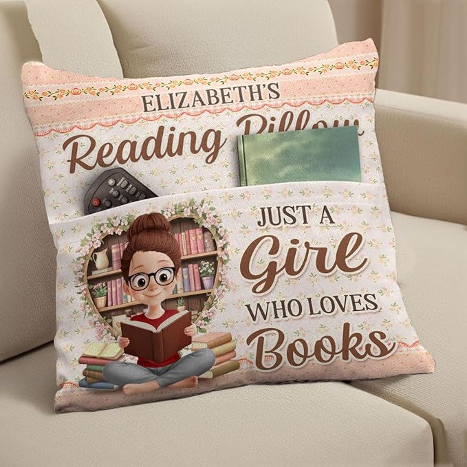 Personalized Reading Pillow, Bookish Gifts for Book Lovers, Bookworms, Readers, Booknerd, Just A Girl Who Loves Books, Reading Gifts for Women, Librarian Gift, Cushion Home Decor Pillow