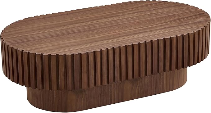 Oval Coffee Table for Living Room Fluted Coffee Table with Pedestal Modern Handcrafted Centre Table Tea Table Easy Assembly 43.7" Walnut