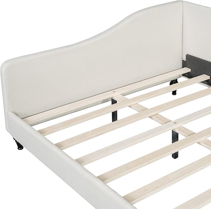 Merax Full Size Bed Frame daybed, L-Shaped Linen Daybed Corner Sofa with Solid Wood Legs for Living Room, Guest Room, No Box Spring Needed, Beige