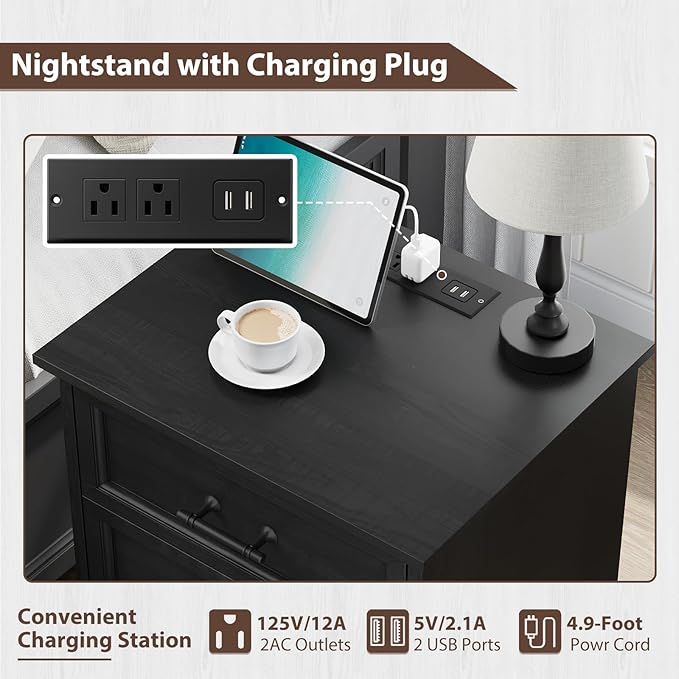 Bedroom Set, 3 Pieces Bedroom Furniture Set, Wood 4 Drawer Dresser and 3 Drawers Nightstands with Charging Station, Farmhouse Storage Organizer Cabinet for Bedroom, Black