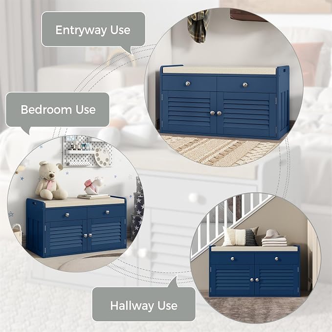WARMHONIU Shoe Storage Bench with 2 Drawers, Entryway Bench with Cushion, Adjustable Shelves, Shoe Rack Bench with Louvered Doors for Entryway, Bedroom, Hallway, Blue - Image 7