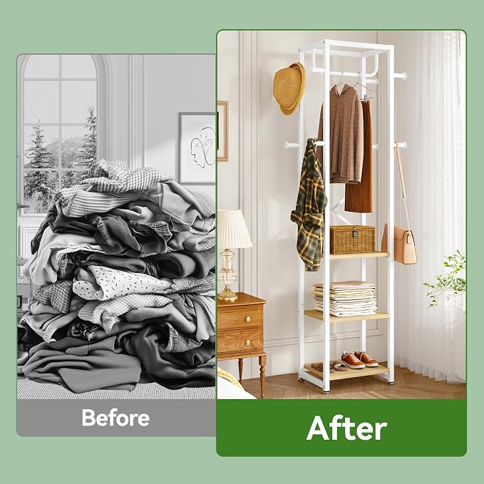 IBUYKE Coat Rack with Shelves, Freestanding Hall Tree with 3 Shelves and 8 Hooks, Industrial Clothes Stand for Entryway, Hallway, Bedroom, Natural UTMJ088R - Image 9