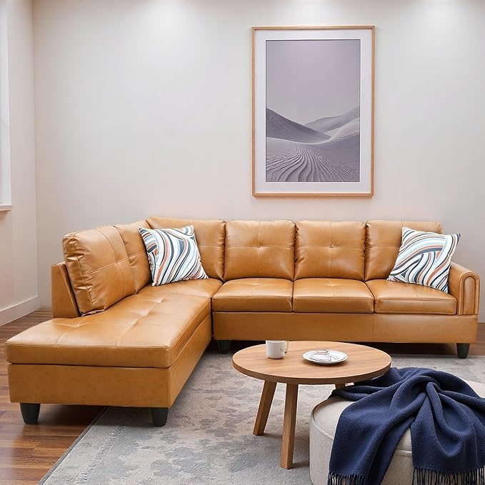 L Shape Sectional Couch with Chaise, 97 Inch Modular Sofa with Ergonomic Reclined Backrest, Sectional Couches for Living Room, High-Density Foam, for Office and Small Apartment, Ginger