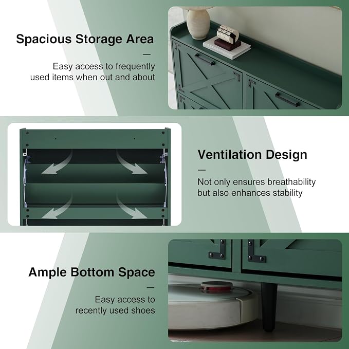 Barnyatoh Shoe Storage Cabinet,Farmhouse Shoe Organizer with 4 Flip Drawers & Barn Door Design,Freestanding Hidden Slim Narrow Shoe Rack Cabinet for Entryway,Foyer,Hallway,Green - Image 7